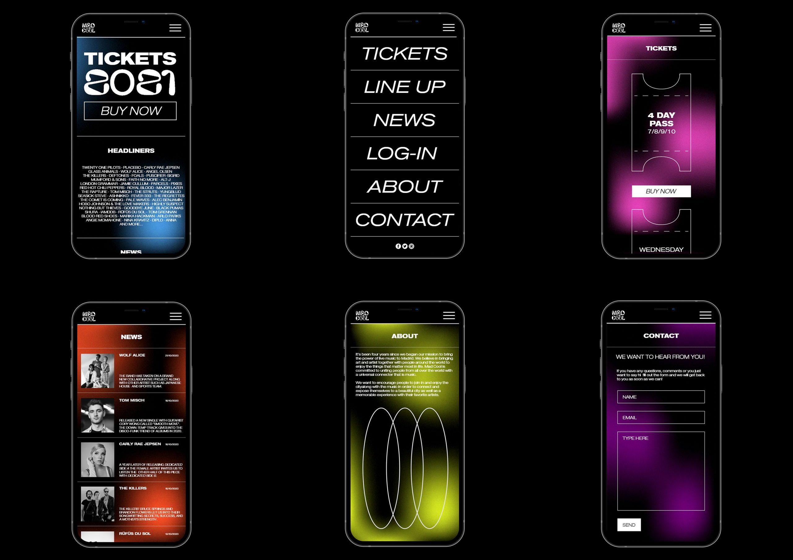 What would aUX and UI for Mad cool App look like for the new rebranding of the festivals brand identity